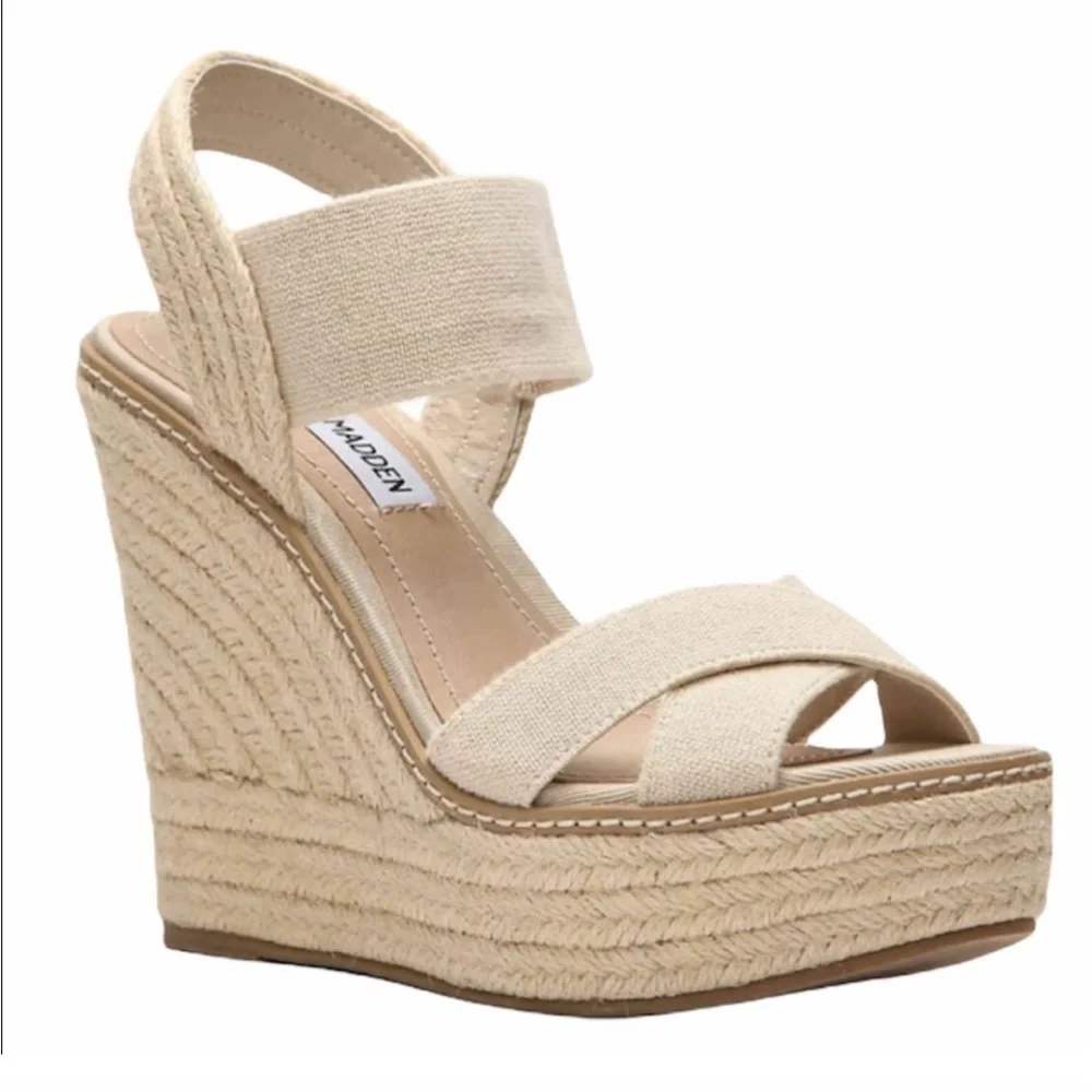 Steve Madden Eira Espadrille Wedge Size 10 Beige Stretchy Strappy Sandal Heel